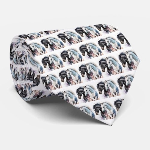 Black  White Horses in Watercolor Patterned Neck Tie