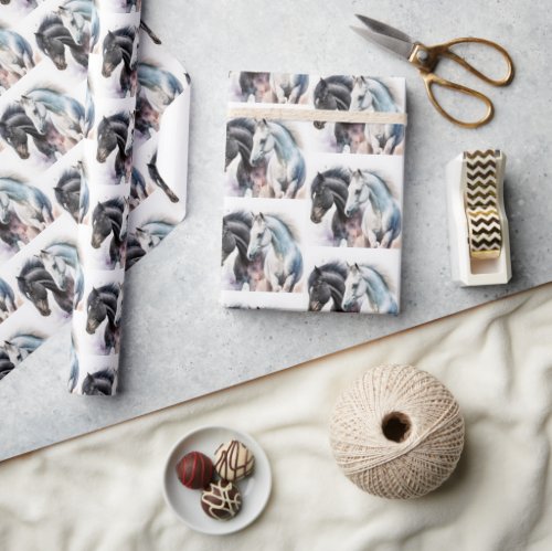  Black  White Horses in Watercolor Patterned Wrapping Paper