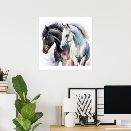 Black  White Horses in Watercolor Poster