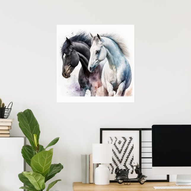 Black & White Horses in Watercolor Poster (Home Office)