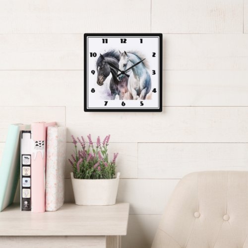 Black  White Horses in Watercolor Square Wall Clock