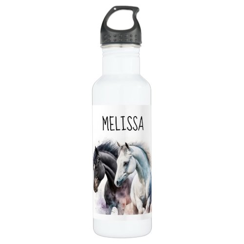 Black  White Horses in Watercolor Stainless Steel Water Bottle