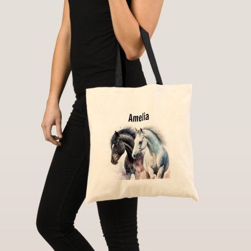 Black  White Horses in Watercolor Tote Bag