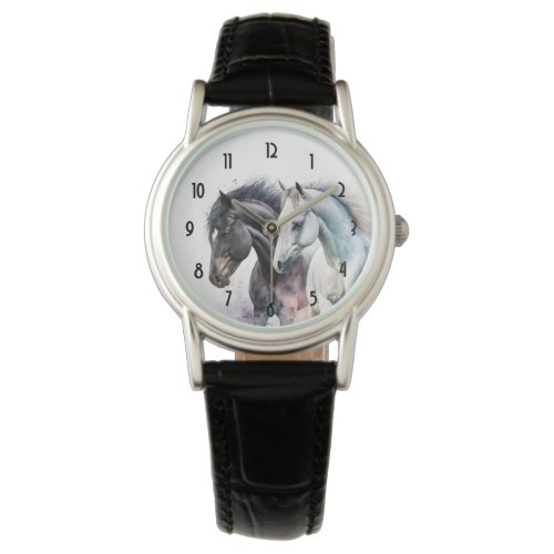 Black  White Horses in Watercolor Watch