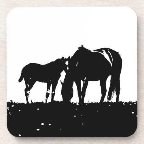 Black  White Horses Silhouette Beverage Coaster