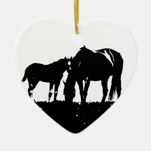 Black  White Horses Silhouette Ceramic Ornament