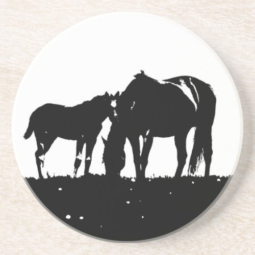 Black  White Horses Silhouette Coaster