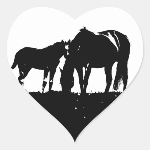 Black  White Horses Silhouette Heart Sticker