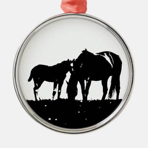 Black  White Horses Silhouette Metal Ornament