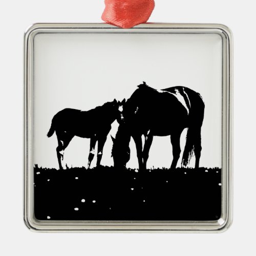 Black  White Horses Silhouette Metal Ornament