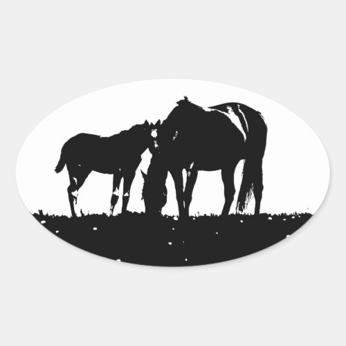 Black  White Horses Silhouette Oval Sticker