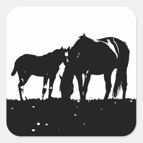 Black  White Horses Silhouette Square Sticker