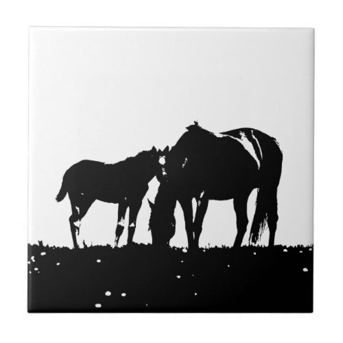 Black  White Horses Silhouette Tile