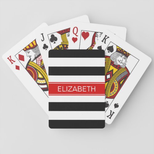 Black White Horz Preppy Stripe Red Name Monogram Poker Cards