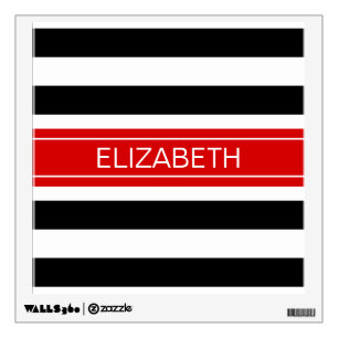 Black White Horz Preppy Stripe Red Name Monogram Wall Sticker
