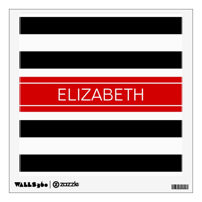 Black White Horz Preppy Stripe Red Name Monogram Wall Sticker (Front)