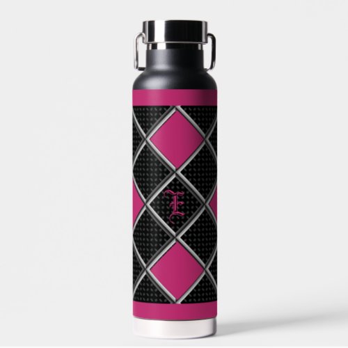 Black White Hot Pink Elegant Diamond Argile Water Bottle