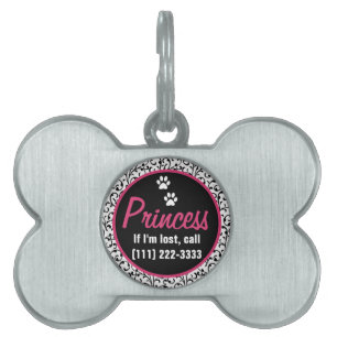 Black White Hot Pink Floral Pet Tag Bone Shape