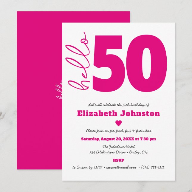 Black White Hot Pink Hello 50 Fabulous Birthday Invitation (Front/Back)