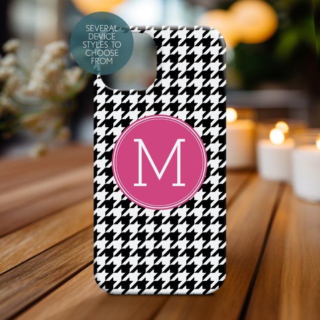 Black White Hot Pink Houndstooth Pattern Monogram Case-Mate iPhone Case (Personalized Phone Case with Monogram)