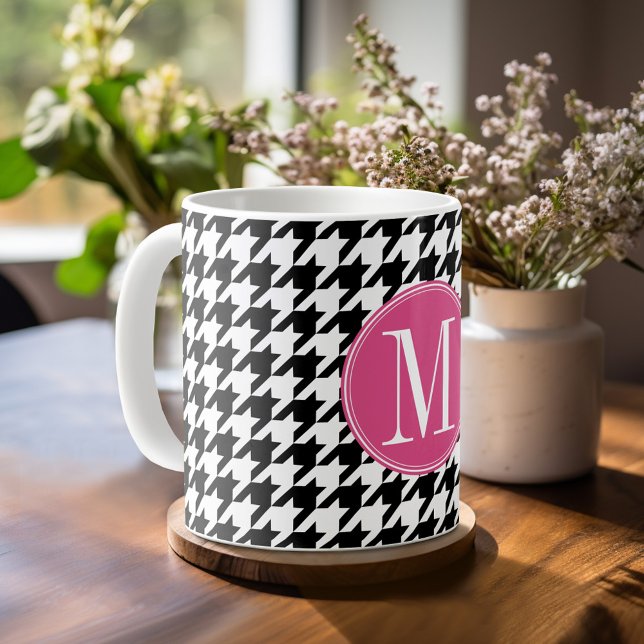 Black White Hot Pink Houndstooth Pattern Monogram Coffee Mug (Personalized Coffee Mug)
