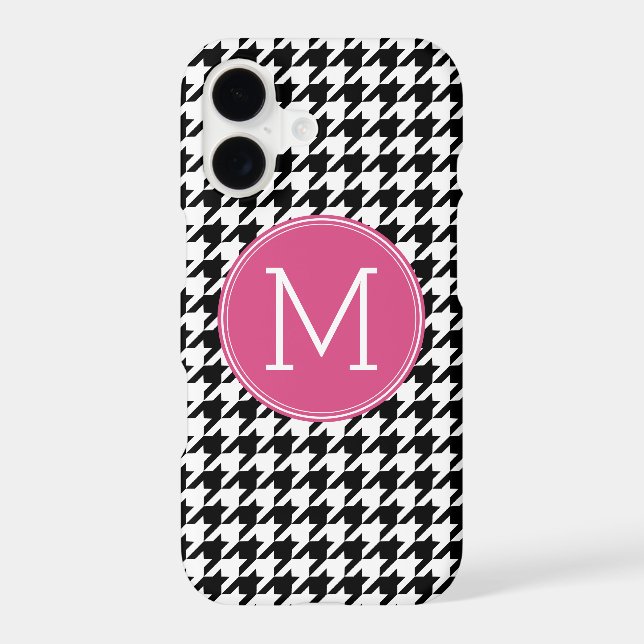 Black White Hot Pink Houndstooth Pattern Monogram Iphone Case (Back)
