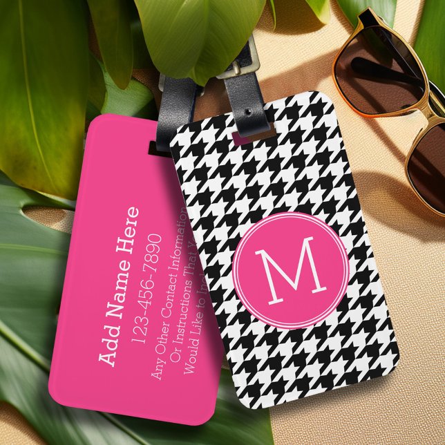 Black White Hot Pink Houndstooth Pattern Monogram Luggage Tag (Personalized luggage tag - Add Your contact information and monogram)