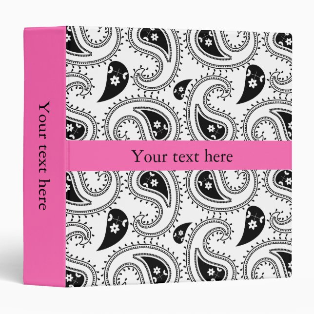 Black, White, Hot Pink Paisley Pattern 3 Ring Binder (Front/Spine)