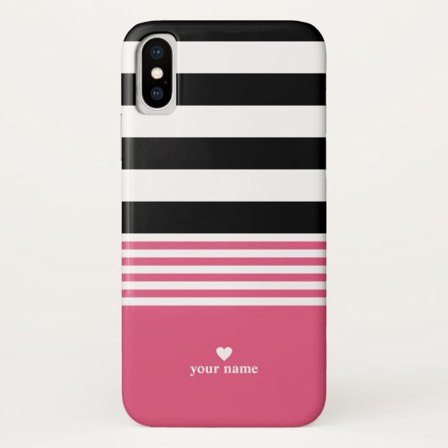 Black, White & Hot Pink Striped Personalized Case-Mate iPhone Case (Back)