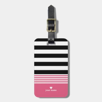 Black  White & Hot Pink Striped Personalized Luggage Tag by StripyStripes at Zazzle