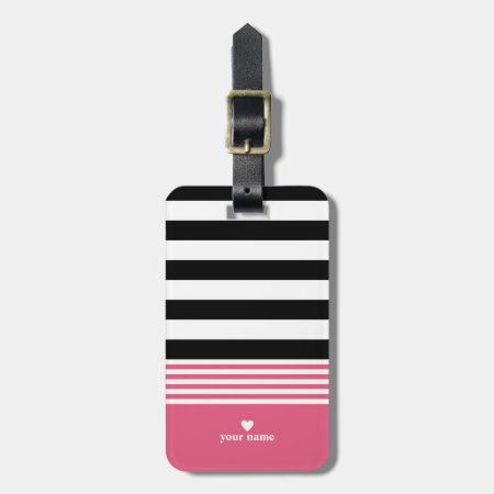 Black, White & Hot Pink Striped Personalized Luggage Tag