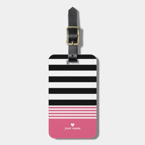Black White  Hot Pink Striped Personalized Luggage Tag