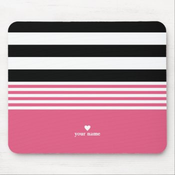 Black  White & Hot Pink Striped Personalized Mouse Pad by StripyStripes at Zazzle