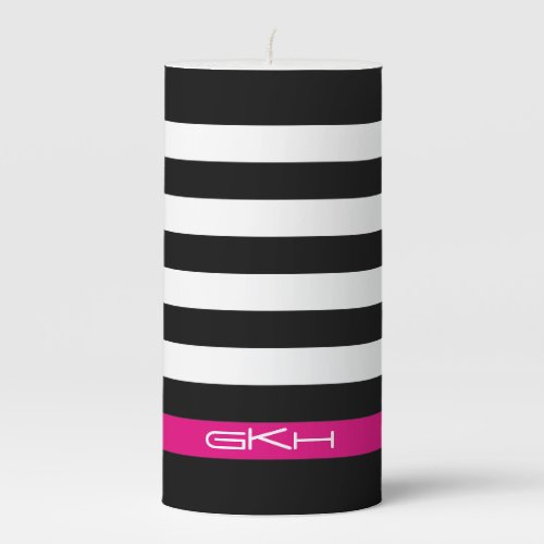 Black White  Hot Pink Stripes Pillar Candle