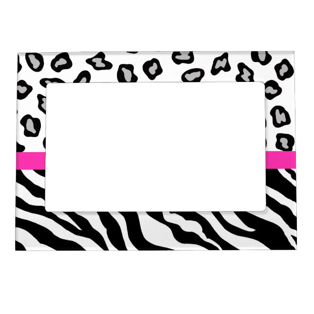 Black White Hot Pink Zebra and Leopard Skin Photo Magnetic Picture Frame (Front)