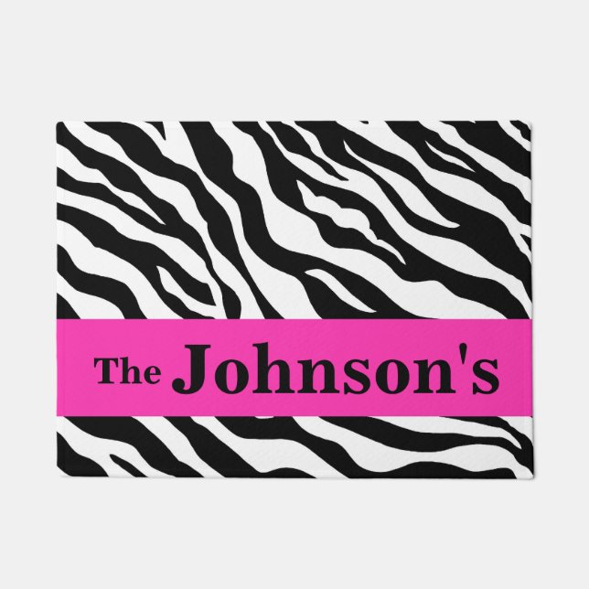 Black White Hot Pink Zebra Skin Name Personalized Doormat (Front)