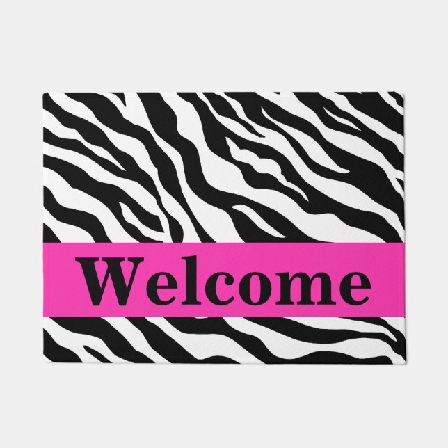 Black White Hot Pink Zebra Skin Pattern Welcome Doormat (Front)