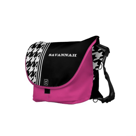 Black & White Hounds Tooth Racing Stripe Messenger Messenger Bag