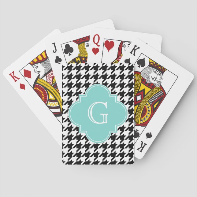 Black White Houndstooth Aqua Quatrefoil Monogram Poker Cards (Back)