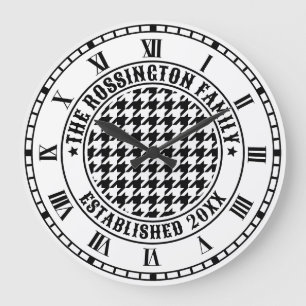 Black & White Houndstooth Family Name Date Estd Large Clock