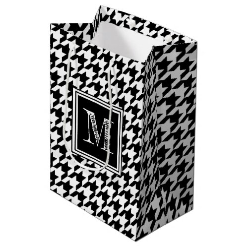 Black White Houndstooth  Modern Monogram Medium Gift Bag