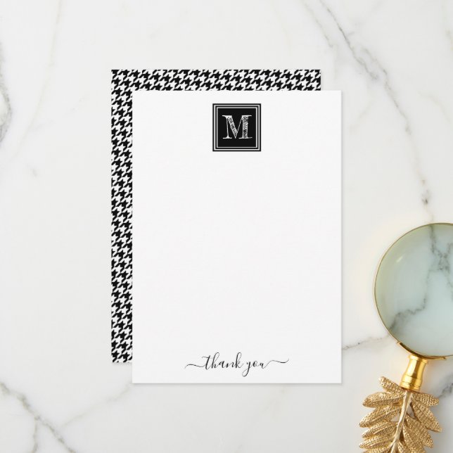 Black White Houndstooth | Modern Monogram Thank You Card (Front/Back In Situ)