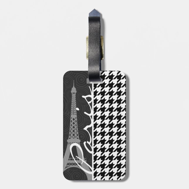 Black & White Houndstooth; Paris Luggage Tag (Back Vertical)