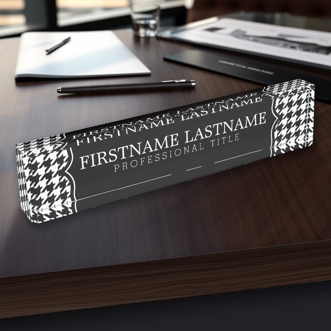 Black White Houndstooth Pattern Custom Name Title Plate (Creator Uploaded)