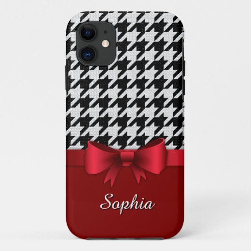 Black White Houndstooth Pattern Red Bow iPhone 11 Case