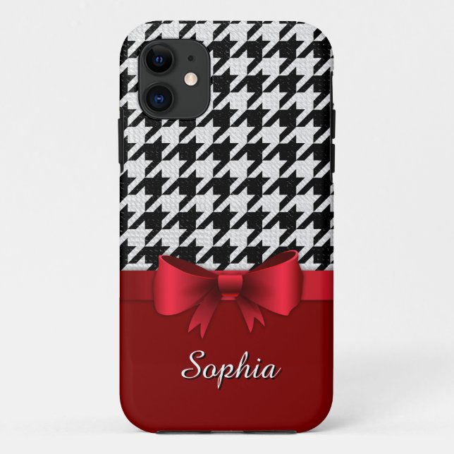 Black White Houndstooth Pattern Red Bow Case-Mate iPhone Case (Back)