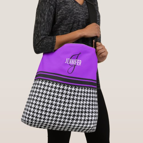 Black White Houndstooth purple name monogram Crossbody Bag