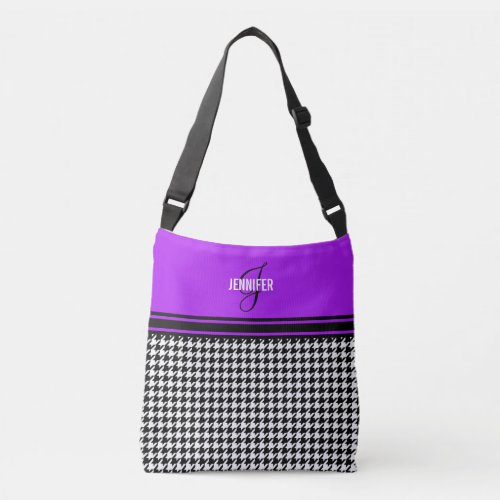 Black White Houndstooth purple name monogram Crossbody Bag