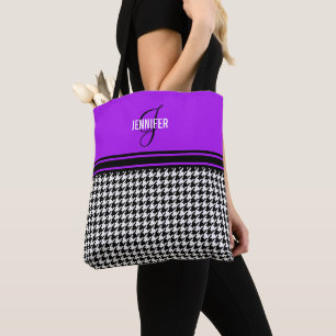 Black White Houndstooth purple name monogram Tote Bag