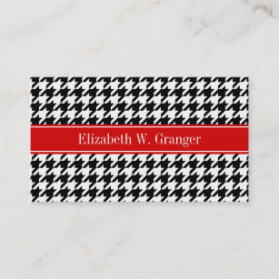 Black White Houndstooth Red Name Monogram Business Card